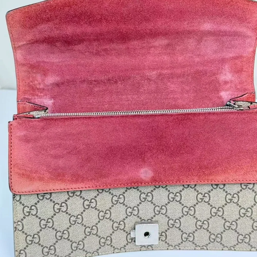 Gucci GG Logo Supreme Medium Dionysus Shoulder Bag with Floral Accent and Red Tr